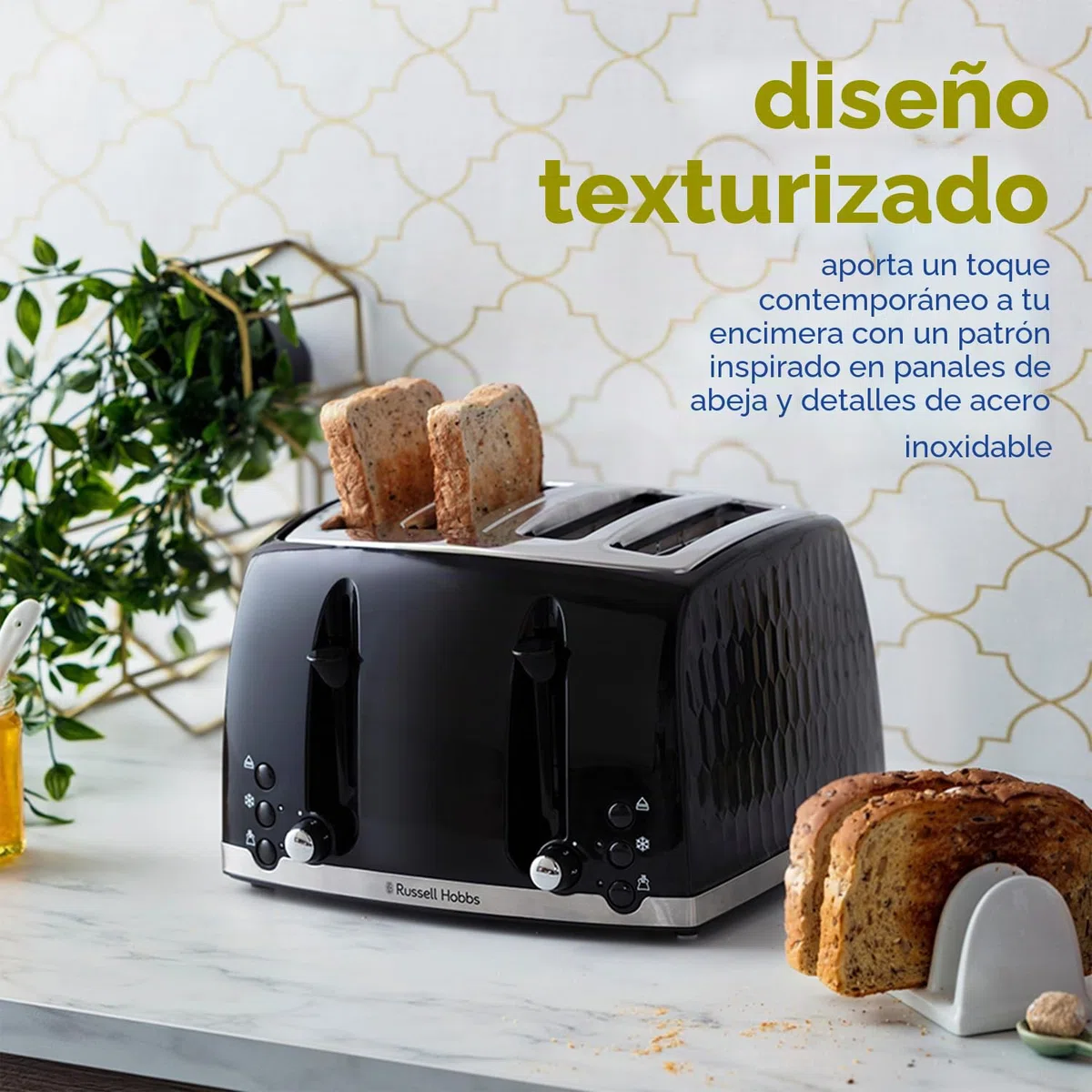 Russell Hobbs 26071 26071 - Tostadora de pan de abeja contemporánea con ranuras extra grandes y función de elevación alta, color negro
