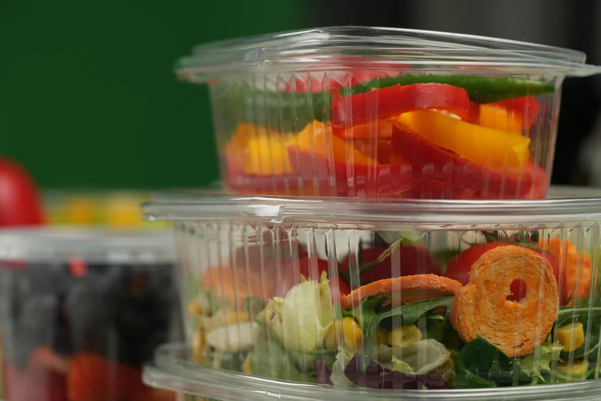Commerline 300 cuencos rectangulares plegables de 1000 ml, recipientes reutilizables de plástico PP, cuencos de ensalada con tapa, recipientes transparentes para alimentos y alimentos para gastronomía