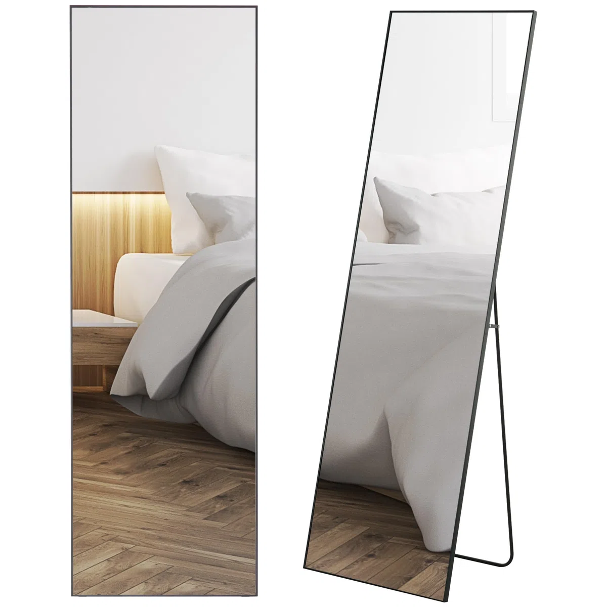 HOMCOM Espejo de Pie Cuerpo Entero 161,5x50 cm con Marco de Aleación de Aluminio Espejo Pared Rectangular con 2 Formas de Uso para Pasillo Dormitorio Salón Vestuario Negro