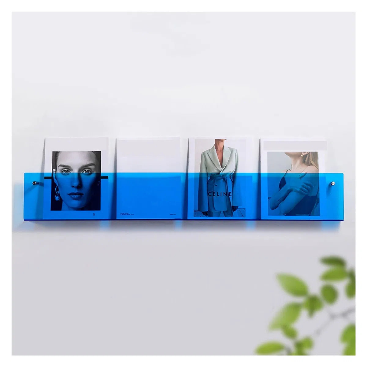 SAeWare Revistero acrílico para colgar en la pared, para folletos, literatura, periódicos, vestíbulo, biblioteca, recepción, transparente, 120 x 15 x 5 cm, azul, 100 x 15 x 5 cm