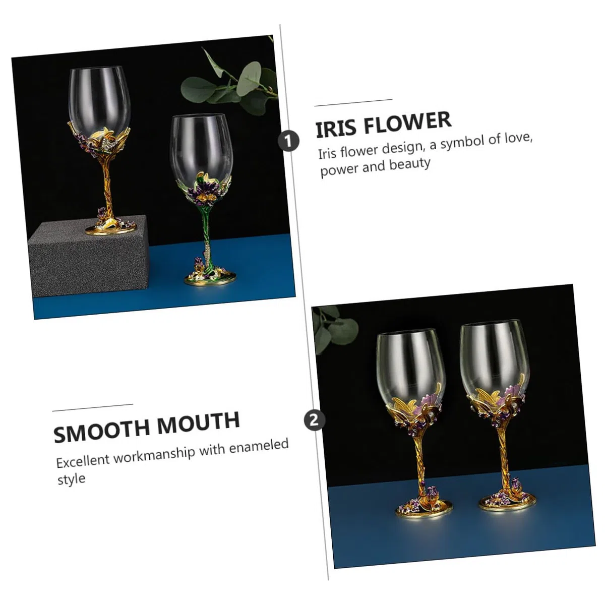 DOITOOL Copas de Vino Esmaltadas Doradas 2 Piezas Cristal Diseño de Flor Iris Copas para Whisky y Bodas Vaso Decorativo para Bar y Hogar Cristalería para Eventos y Regalos