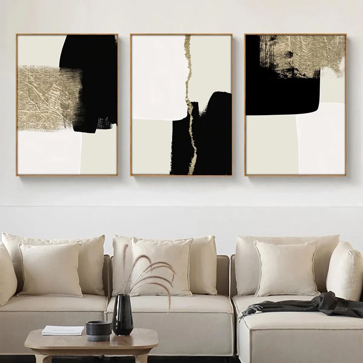 HEHGVCF Lot de 3 pósters sobre lienzo - Modernos y minimalistas - Beige - Negro y dorado - Geometría abstracta - Decoración mural - Sin marco - 50 x 70 cm - Geométrico
