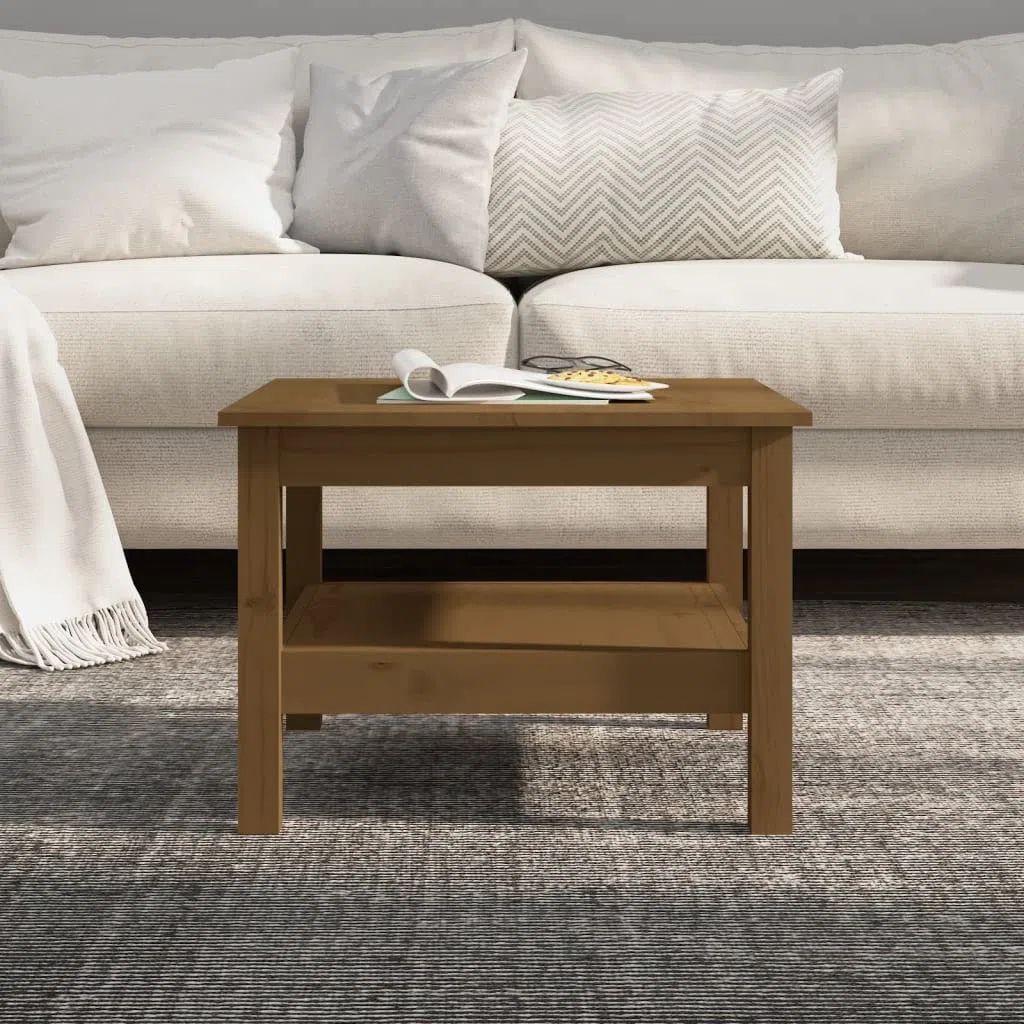 Mesa de centro marrón miel 55 x 55 x 40 cm de madera de pino maciza con estante para salón, mesa auxiliar, mesa de sofá, espacio de almacenamiento, muebles robustos, salón, banco, sillón, sala