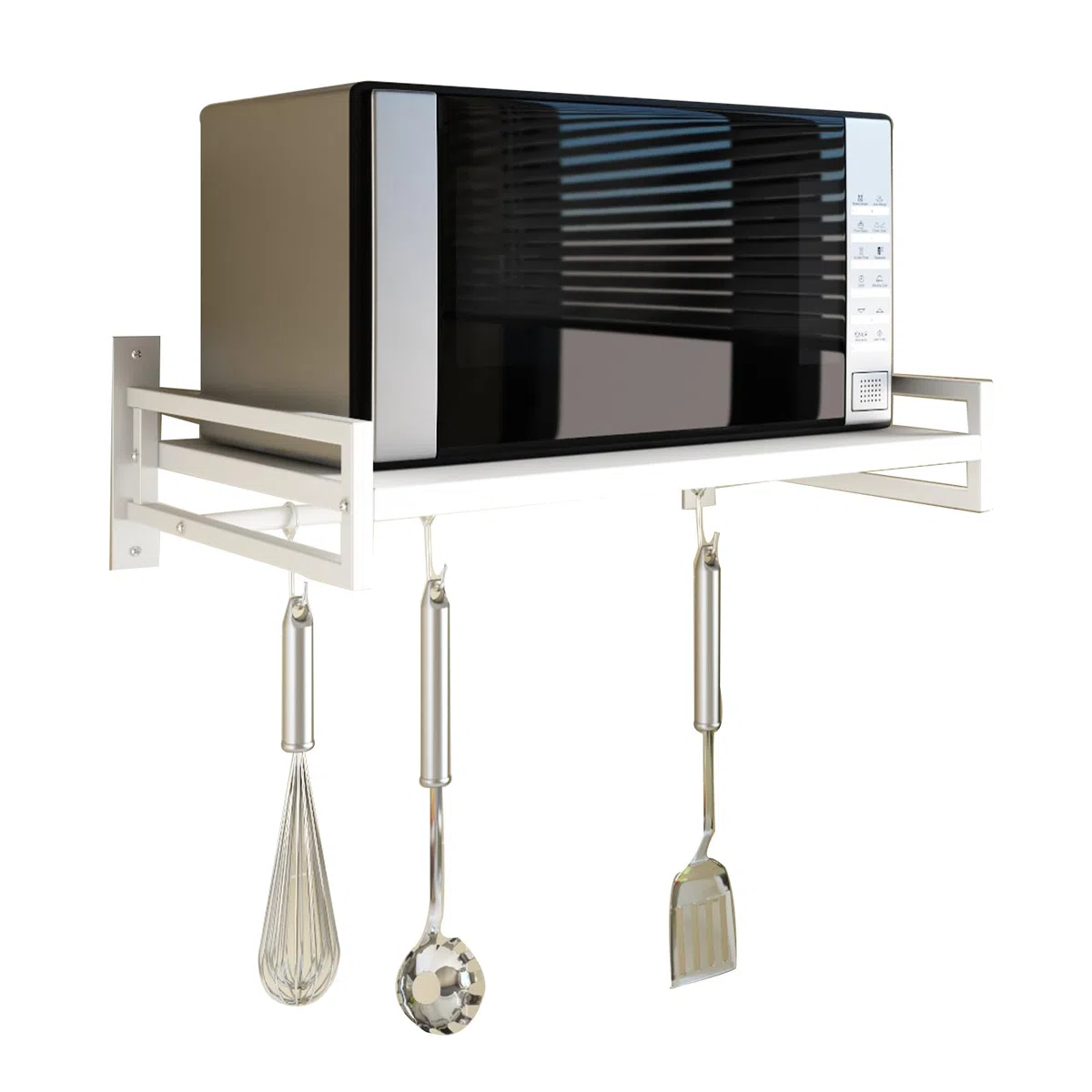 ABCOOL Estante de pared para horno microondas, soporte de encimera de acero al carbono blanco con riel de gancho y 3 ganchos deslizantes para cocina y hogar