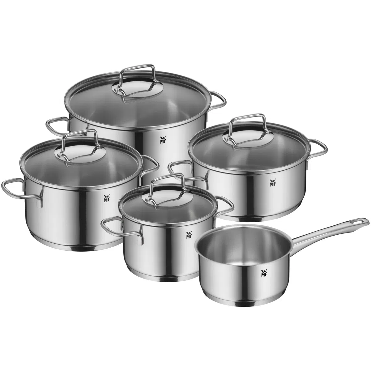 WMF Astoria - Batería de Cocina de 5 Piezas, Ollas Altas con tapas (16/20/24 cm), Olla baja con tapa (20 cm), Cazo (16 cm), Cromargan Acero Inoxidable pulido, Apto para Inducción