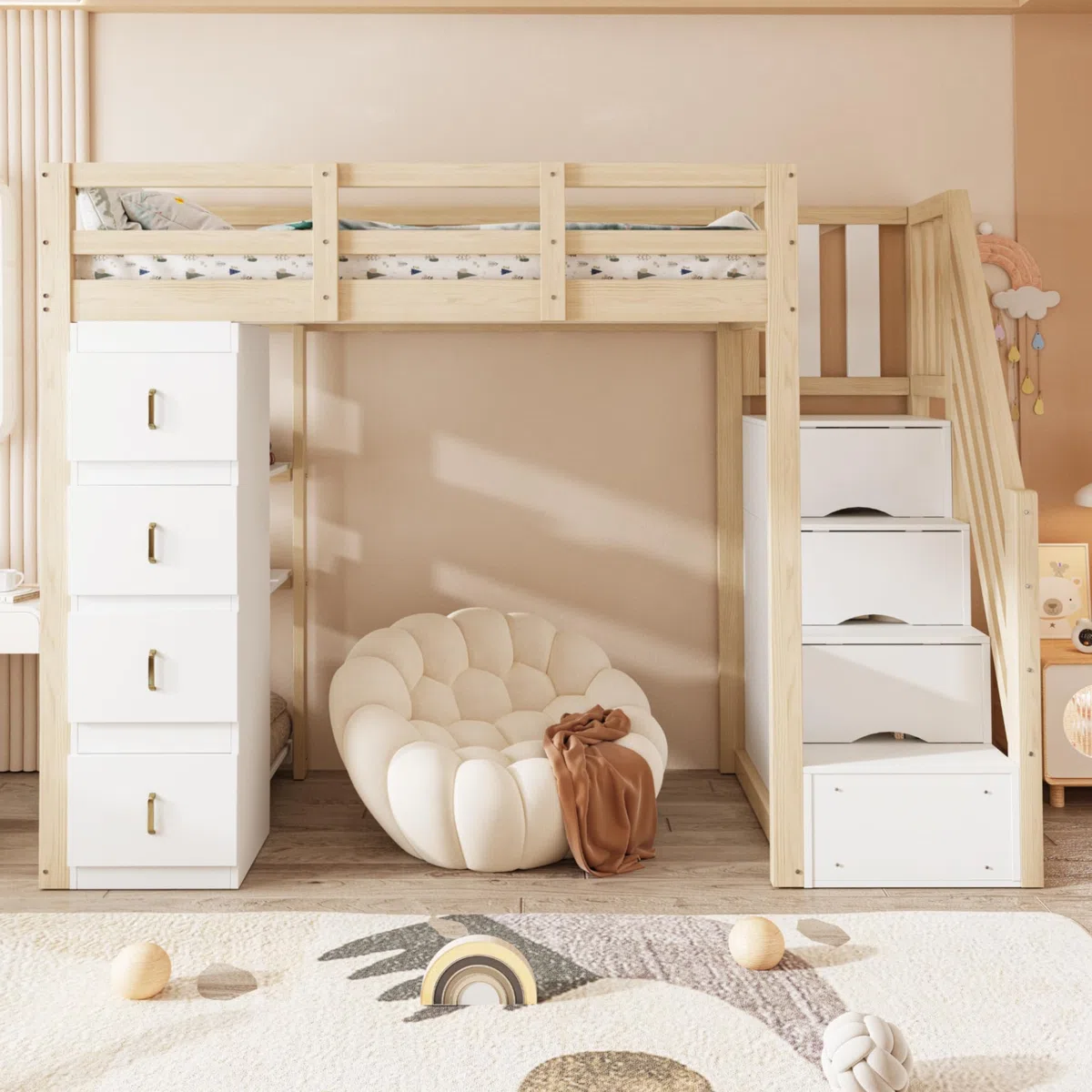 Cama alta 90 x 200 cm con cajones de almacenamiento, estantería de varios niveles, escalera segura, cama multifuncional de madera maciza, color madera natural