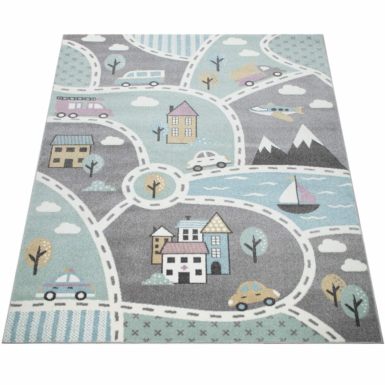 Paco Home Alfombra Infantil, Alfombra Juegos Infantil, Dibujos De Ciudad, Verde Y Gris, tamaño:120x170 cm