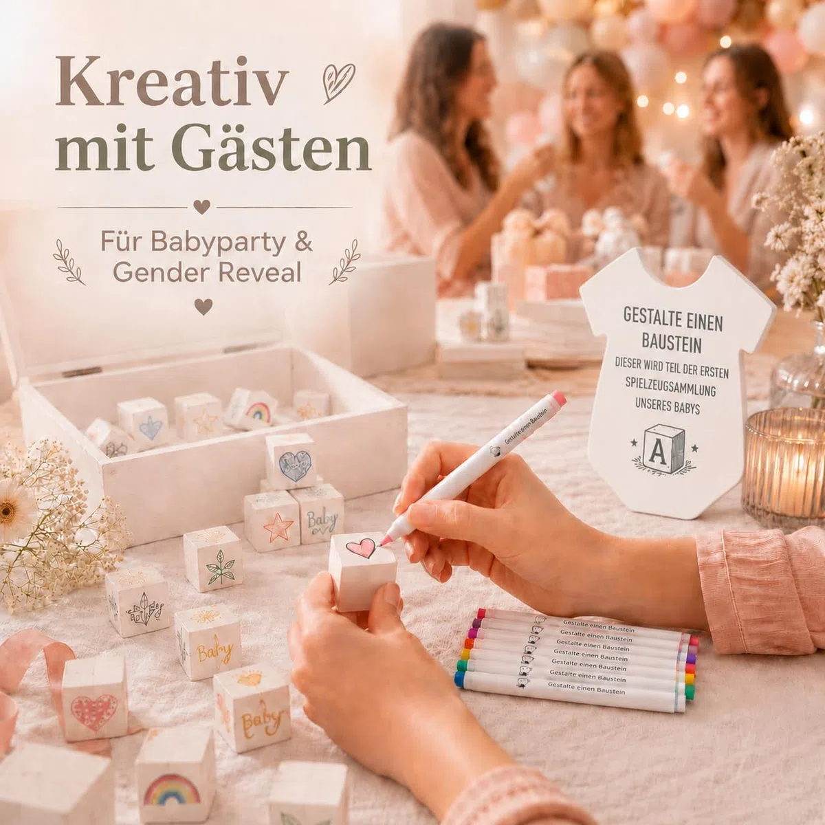 Juego de 102 juegos de baby shower, juegos de fiesta de bebé y revelación de género para invitados, con 48 cubos de madera blanca para pintar, 40 plantillas, 12 lápices, cartel de madera y caja de