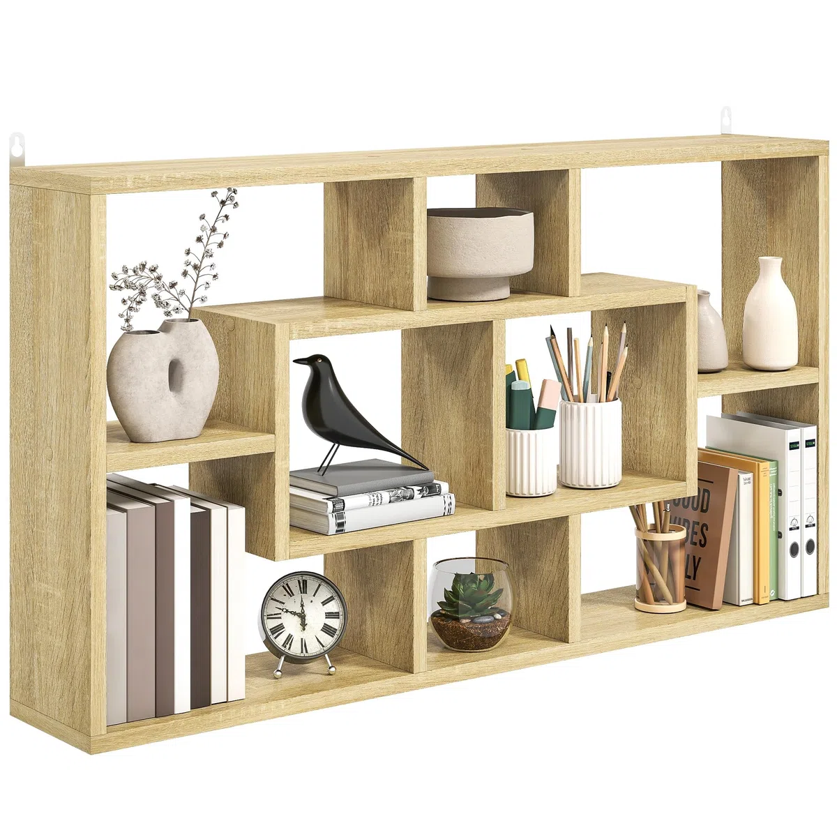 HOMCOM Estante de Pared Decorativo, Estantería para Libro, CDs, Baldas Flotantes con 8 Cubos, 85x14,5x47,5 cm, Carga 20kg, para Oficina, Estudio, Salón, Roble