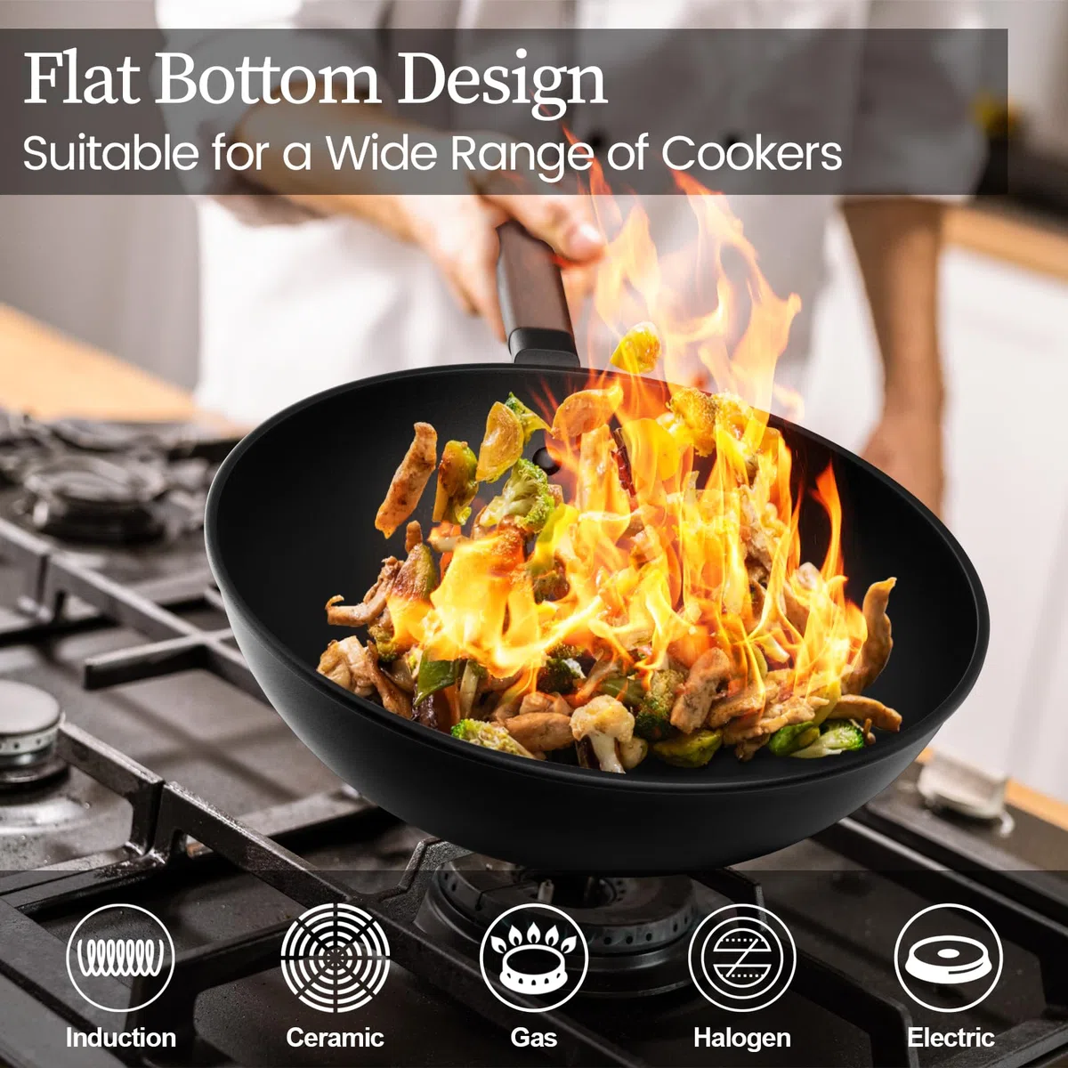 Jobin 33cm/13inch Wok de Acero al Carbono Premium con Tapa de Vidrio - Wok sin Revestimientos Químicos para Cocina Asiática, Compatible con Inducción, Gas, Vitrocerámica y Placas Eléctricas