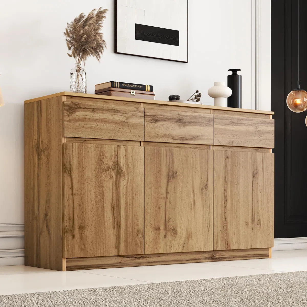 Mueble multifuncional, 135 x 40 x 81 cm, mueble decorativo de madera original, con 3 puertas y 3 cajones, aparador de cocina, cajonera, mueble recibidor