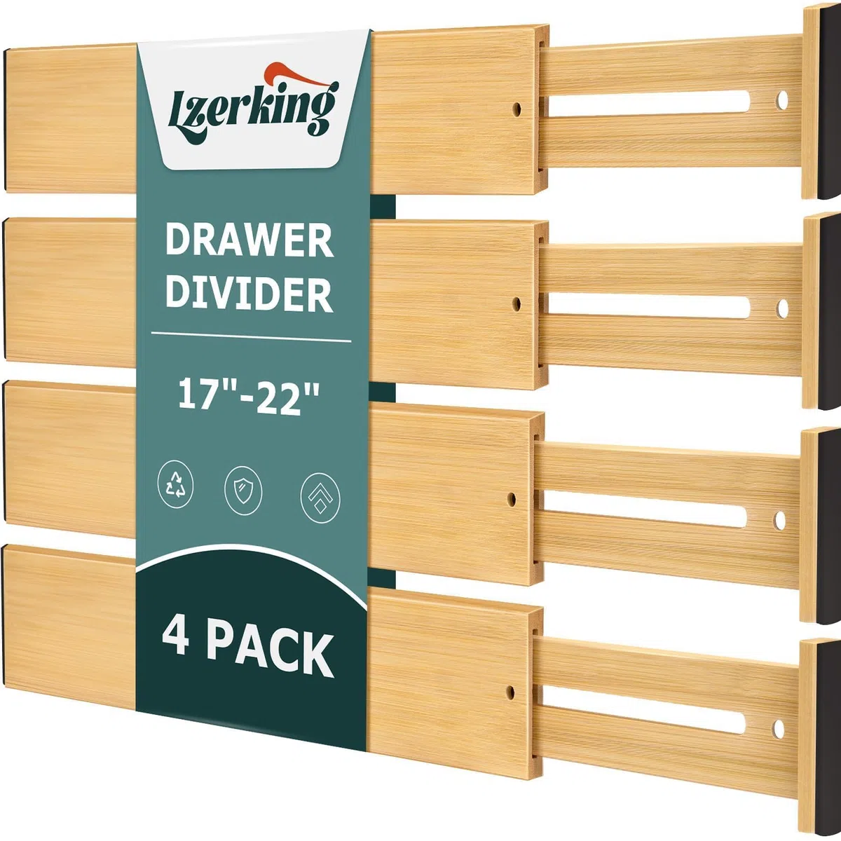 Lzerking Divisor de cajón, 4 separadores de cajones de bambú, organizadores de separadores de cajones de cocina, separadores de cajones ajustables de 17 a 22 pulgadas para ropa, con resorte, funciona