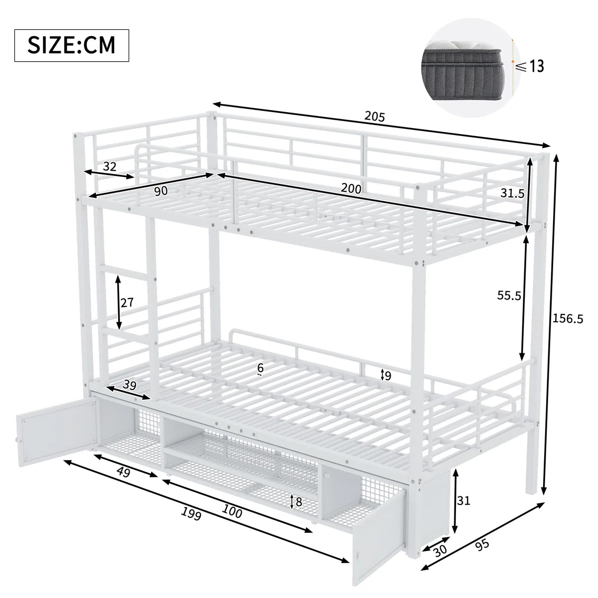 Litera doble, zapatero abierto, armario de almacenamiento de dos puertas, adecuado para niños y adolescentes, con escalera lateral y barandilla de seguridad, hierro forjado, sin colchón, 90 x 200 cm