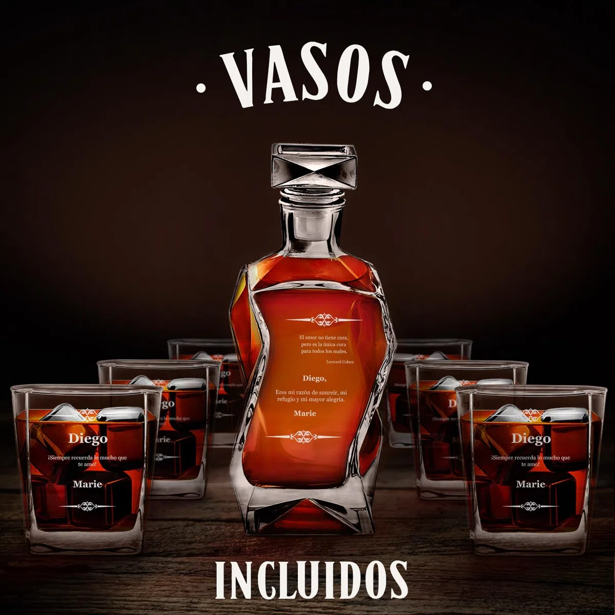Maverton Decantador de Whisky 700 ml con 6 Vasos Personalizados 250 ml - Jarra de Cristal con Tapa - Regalos Originales para Hombre Regalo Dia del Padre Cumpleaños Amigo Marido Abuelo - Amor