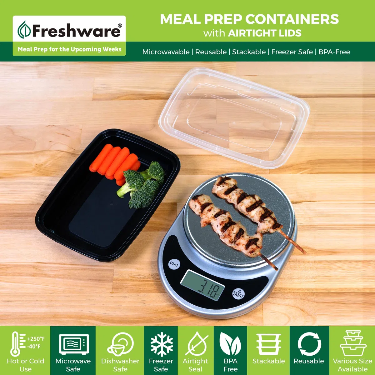 Freshware Recipientes de preparación de comidas [paquete de 50] 1 compartimento con tapas, contenedores de almacenamiento de alimentos, caja Bento, sin BPA, apilables, aptos para