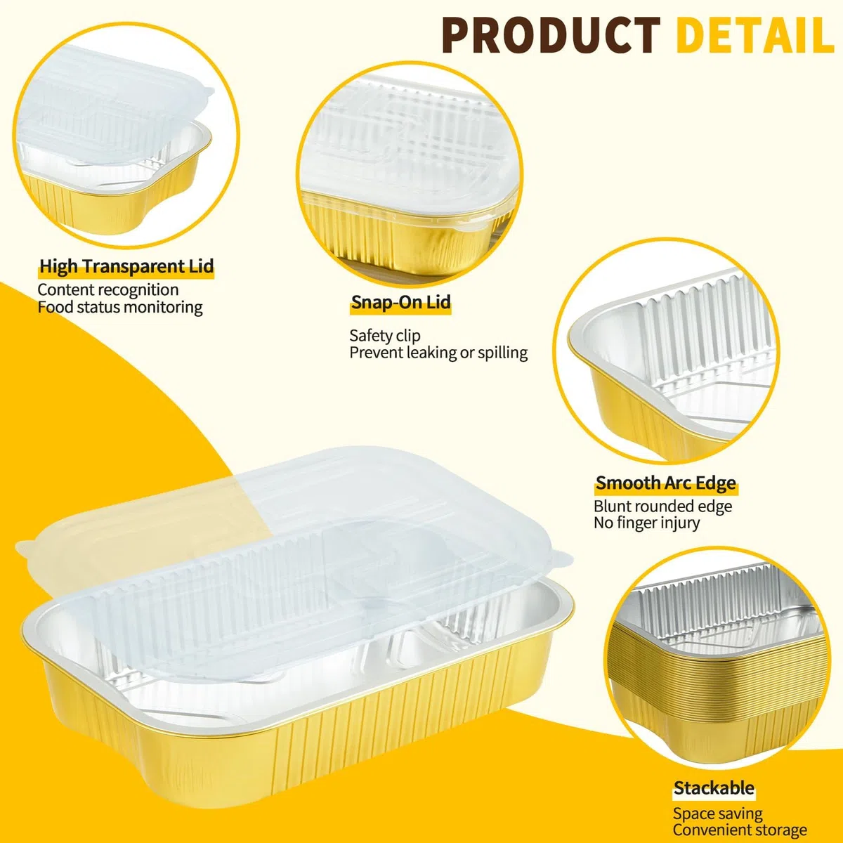 Paquete de 30 sartenes de papel de aluminio de 9 x 13 pulgadas con tapas, tamaño medio, extra resistentes, de papel de aluminio dorado, contenedor de alimentos de doble grosor con tapas para