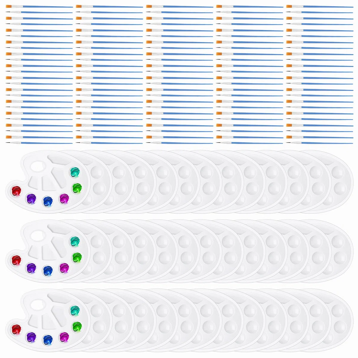 Juego de 100 pinceles de pintura de nailon, 50 paletas de bandeja de pintura, paletas de plástico, pinceles de pelo de nailon para acrílico, aceite, acuarela, estudiantes, fiesta de pintura