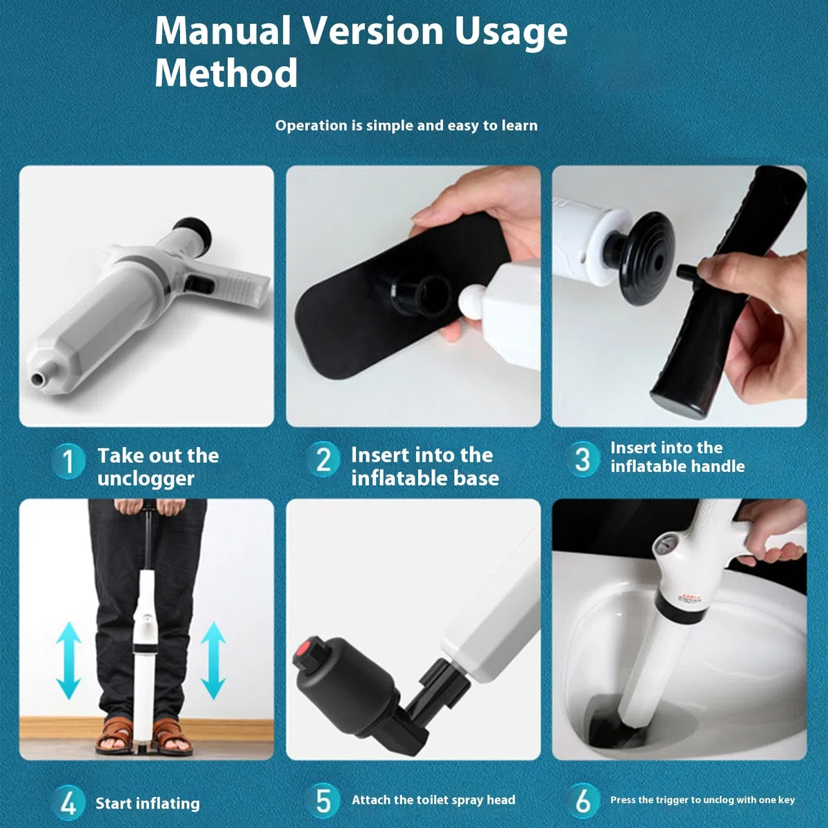 Potente máquina limpiadora de drenaje de compresión de aire, desatascador de drenaje de diseño pequeño para inodoro, ducha, bañeras, sistemas de fontanería, accesorios de fontanería ABS