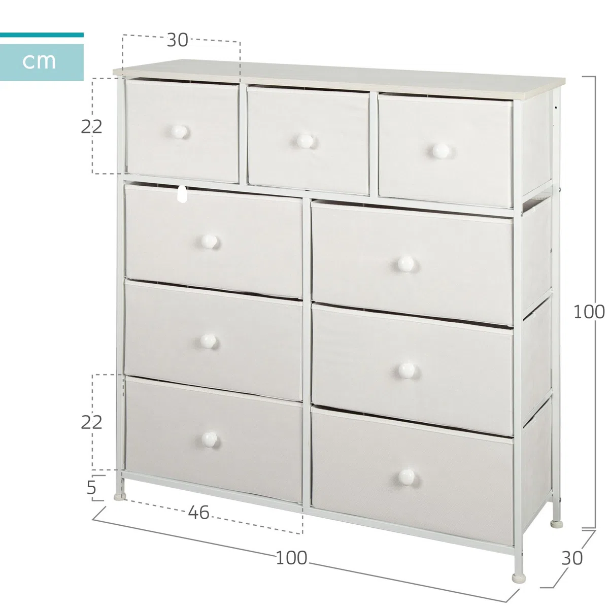 AKTIVE Max Home Cómoda dormitorio multiusos, 9 cajones de tela ligeros, 100x30x100 cm, Estructura acero, Tablero madera, Color blanco, Con sistema de nivelación, Organización, Almacenamiento (18407)