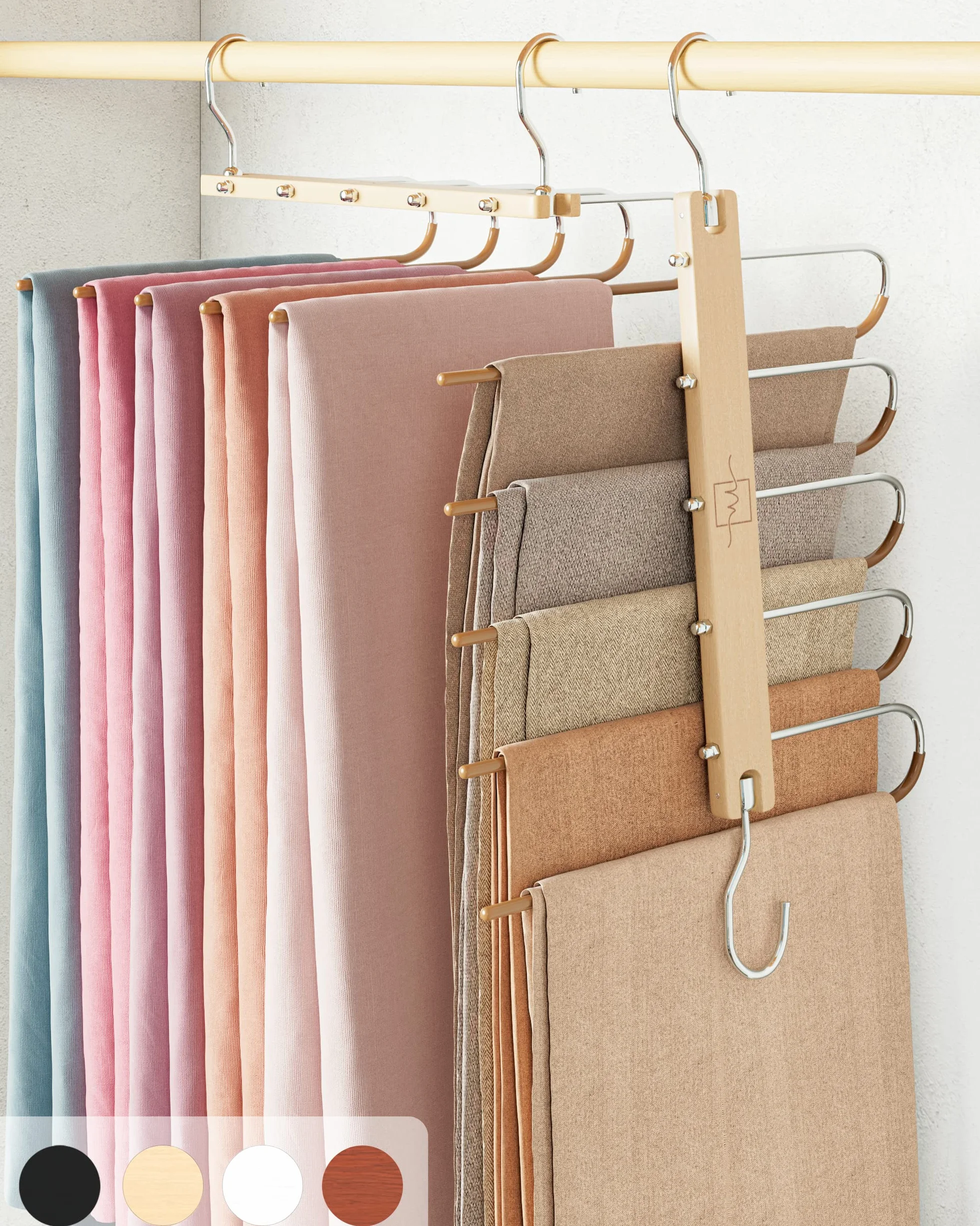 MORALVE - Paquete de 2 perchas para pantalones de madera de haya europea - Ahorrador de espacio para vaqueros y bufandas - Organizador de armario y portapantalones, porta leggings y porta bufanda con