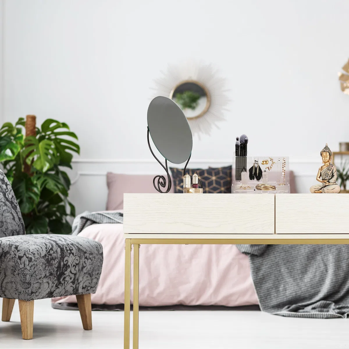 Relaxdays Consola Recibidor, 2 Cajones, Sideboard, Mesita Pasillo, Salón, Madera y Metal, 80x110x40 cm, Blanco y Dorado