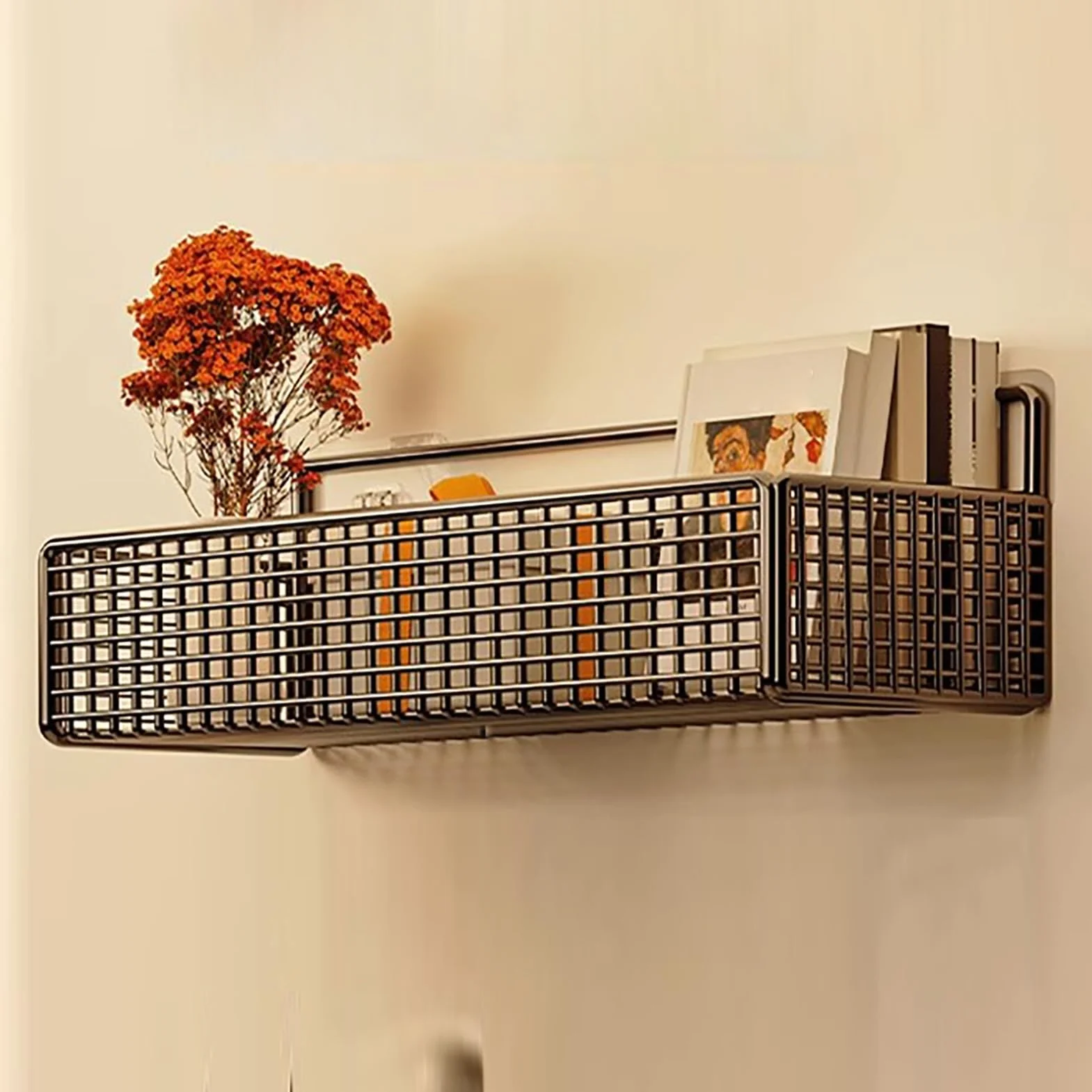 Paquete de 2 cestas de almacenamiento montadas en la pared sin taladros, organizador colgante de metal negro para cocina, baño, cestas de malla multifuncionales que ahorran espacio,