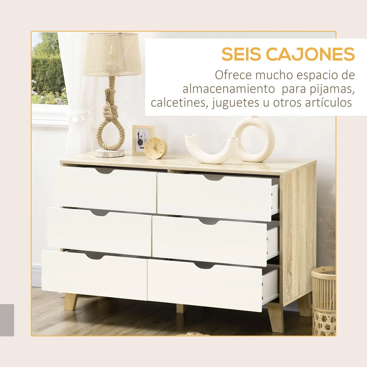 HOMCOM Cómoda con 6 Cajones Cajonera de Armario Mueble Organizador con Cajones para Cocina Dormitorio Salón Estudio Estilo Moderno Antivuelco 120x40x76 cm Natural y Blanco