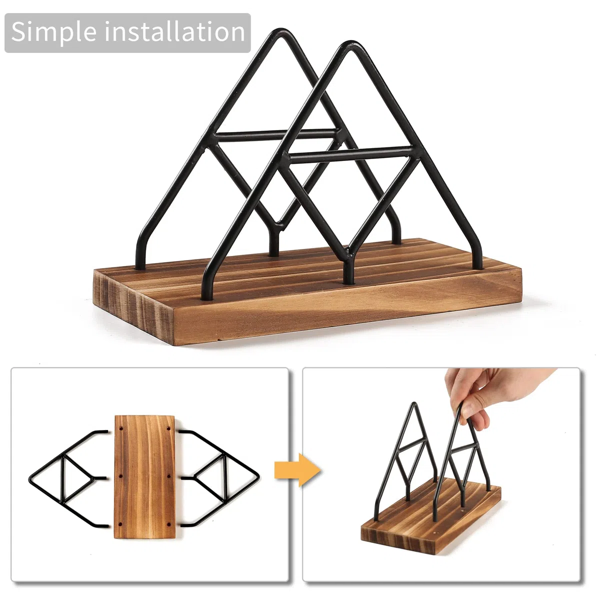 Almacenamiento de servilletas de madera, 1 soporte de servilleta de mesa negro con alambre de metal negro para interiores y exteriores, decoración de cocina