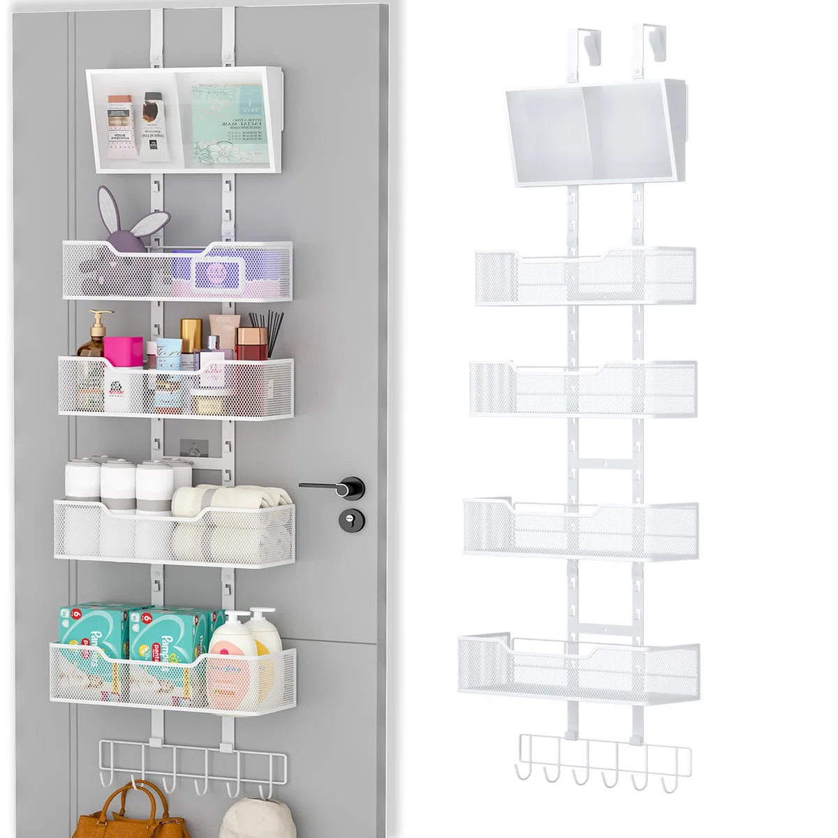Hongtamoya Organizador Ajustable sobre la Puerta, Almacenamiento de Puerta Colgante con Bolsillo de PVC y 4 cestas de Metal para Montaje en Pared, Organizador de Puerta de Armario detrás de la Puerta