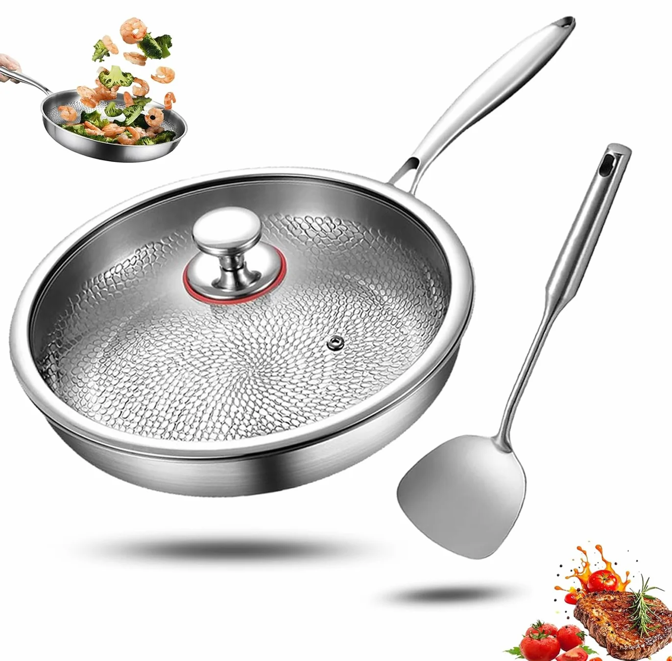 Genérico Sartén de titanio con espátula, antiadherente wok martillado de titanio Nutrition para cocinar, sartén de sin recubrimiento, sartén de por inducción (Con Tapa, 32cm)