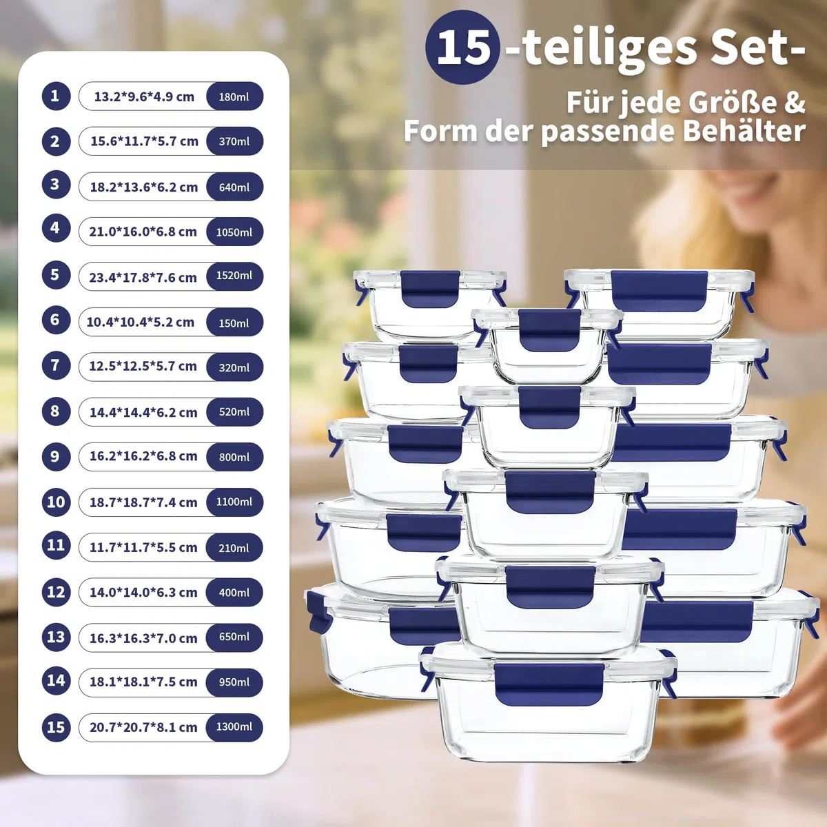 Meal Prep Cajas de cristal, tarros de cristal con tapa, juego de recipientes herméticos con tapa a prueba de fugas, para microondas, congelador y fregadero, 15 unidades, color azul
