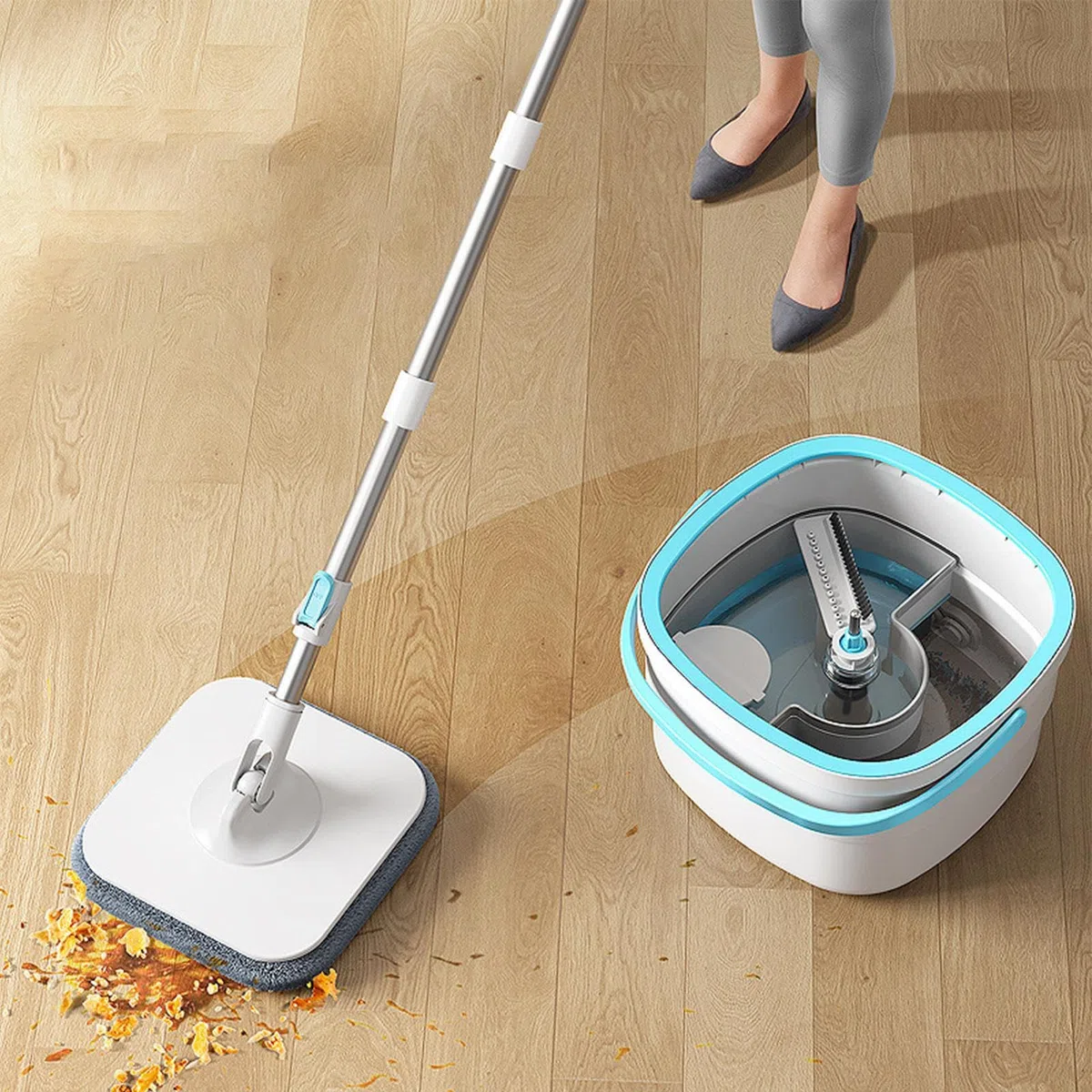 Fregona Con Cubo Herramienta De Limpieza De Suelos Con Separación De Agua | Juego De Fregona Cubo Y Escurridor Para Salón Comedor Cocina Baño Y Estudio De Madera