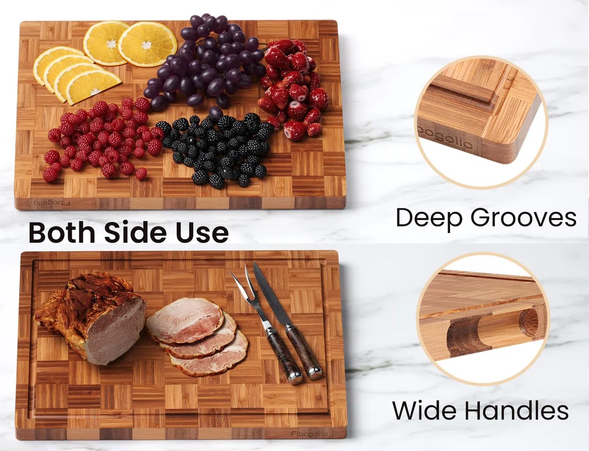 Fibogollo Juego de 3 tablas de cortar de bambú, versión mejorada de lujo, tabla de cortar para cocina, tablas de cortar de madera con ranura para jugo, juego de tabla de servir con soporte para carne,