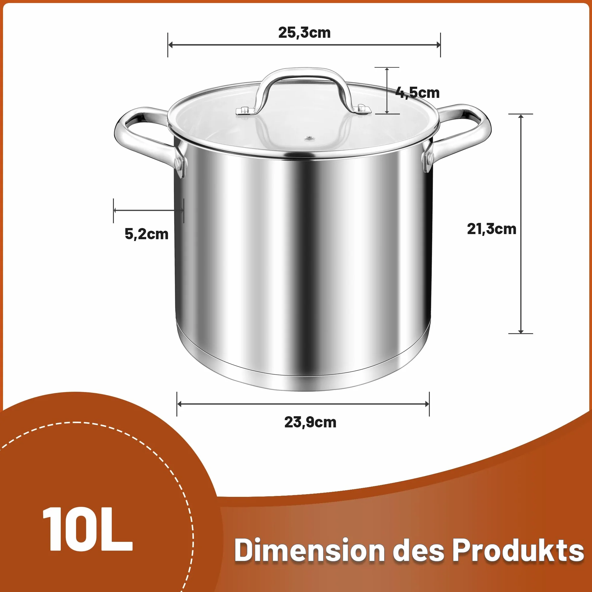 TEAMFAR olla 10L, olla grande de acero inoxidable para pasta de inducción con base de 3 capas para todo tipo de cocinas, tapa de cristal, olla sopera de 24cm olla para carne para cocinar