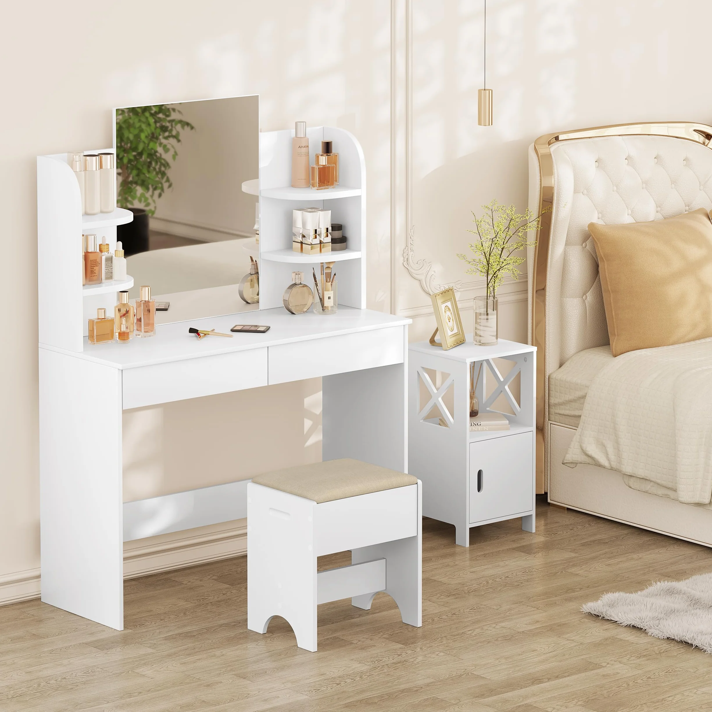 WOLTU Taburete Tocador, Taburete Maquillaje para Dormitorio, Silla Tocador con Asiento Tapizado en Lino Transpirable, Estructura MDF E1, 40x30x45cm, Beige+Blanco, MB6098be