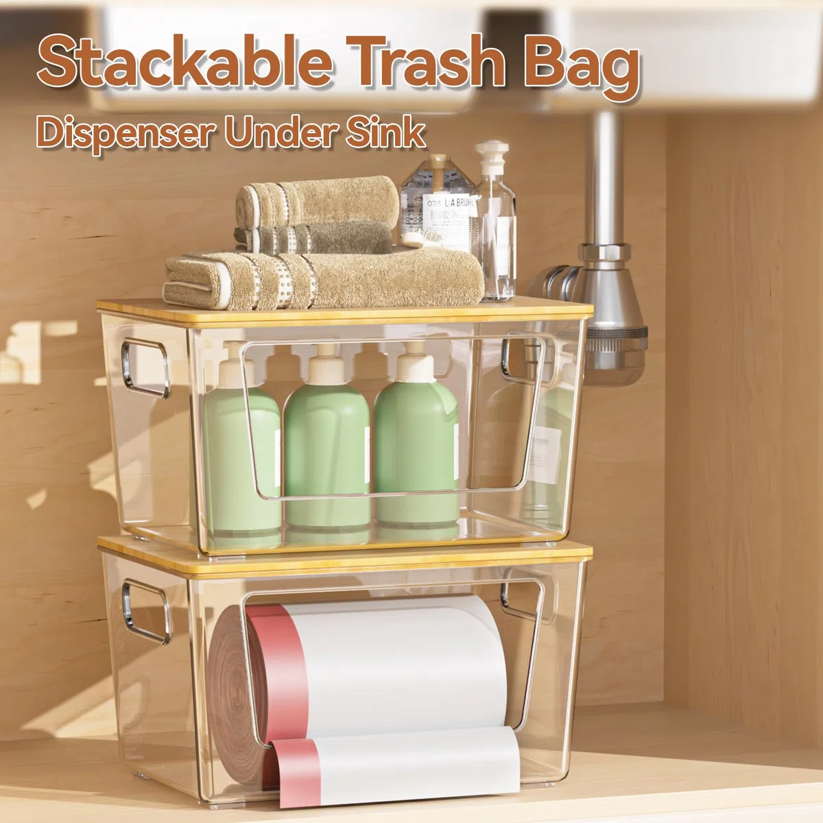 spospo Paquete de 2 soportes para bolsas de basura con tapa de bambú, dispensador de bolsas de basura apilables | Soporte extra grande para bolsas de basura para cocina, lavandería, organización y almacenamiento debajo del fregadero