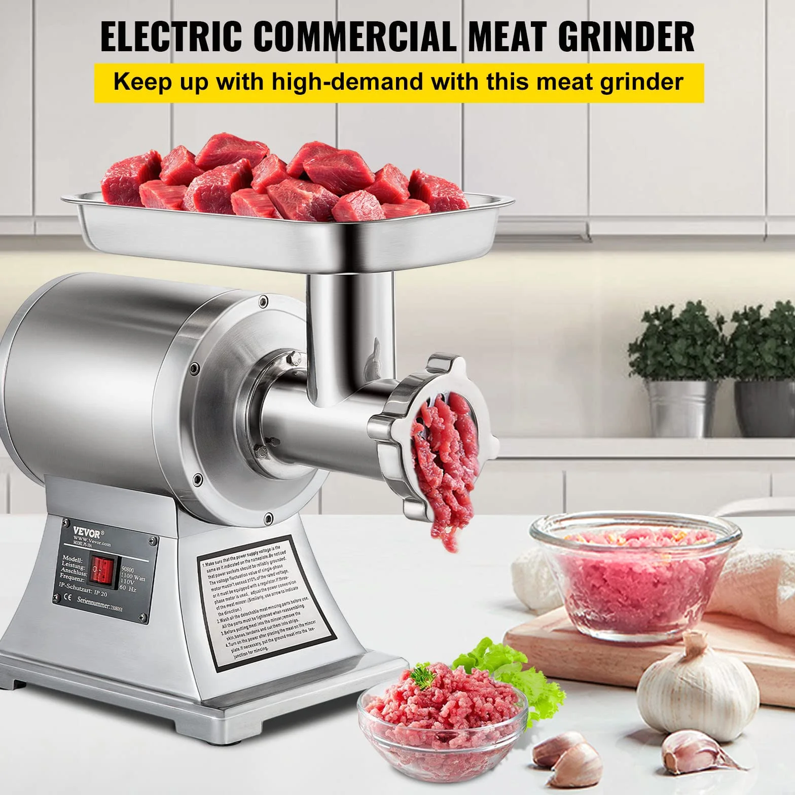 Vevor - Picadora eléctrica de acero inoxidable, 1100 W, 250 kg por hora, 193 r/min - Máquina para salchichas profesional, 2 placas de molinicio, para casa o uso industrial