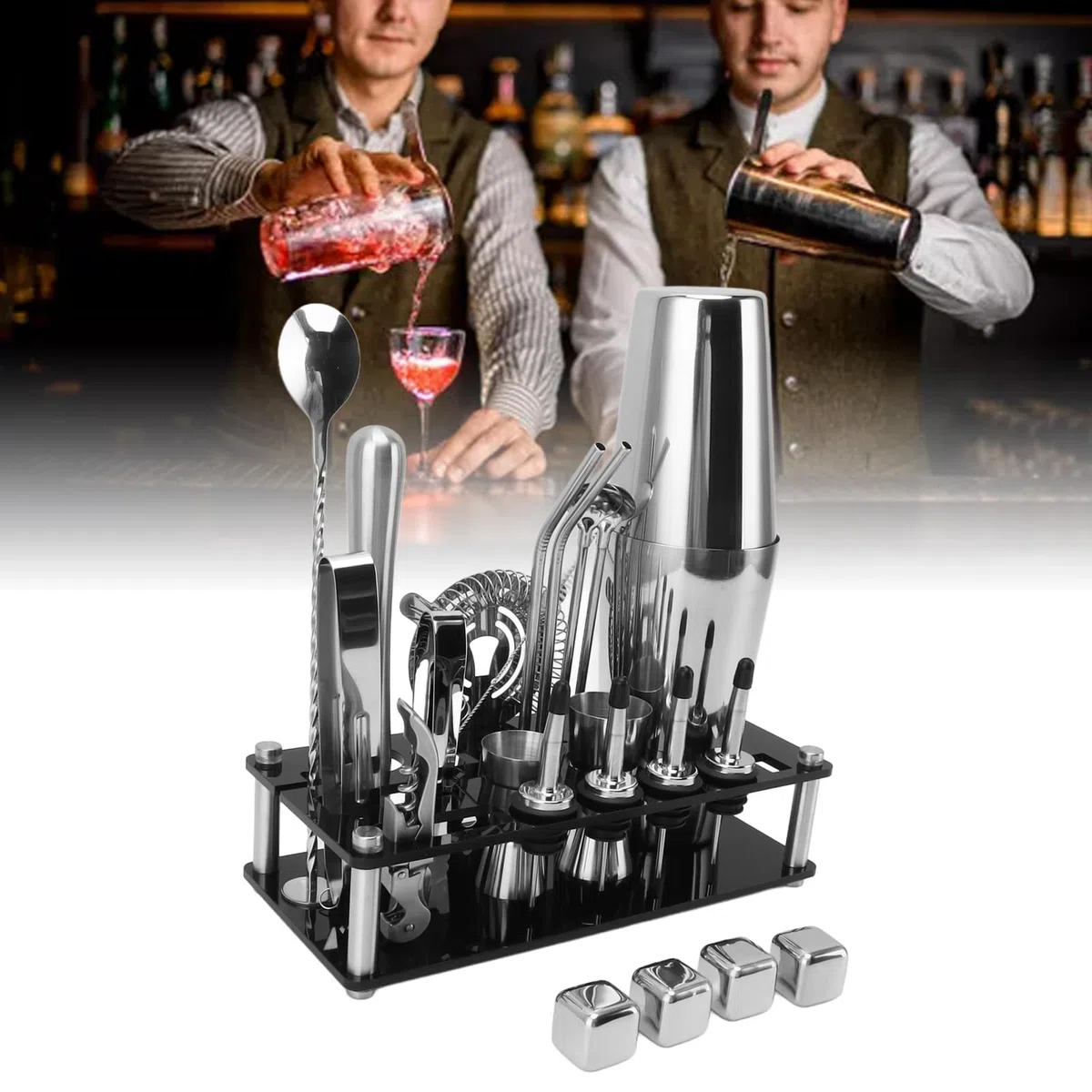 FLEXMAN Juego de Coctelera de 23 Piezas, Kit Profesional de Barman de Acero Inoxidable con Soporte Acrílico, Juego de Cóctel Multifuncional para el Hogar, Bar, Fiesta