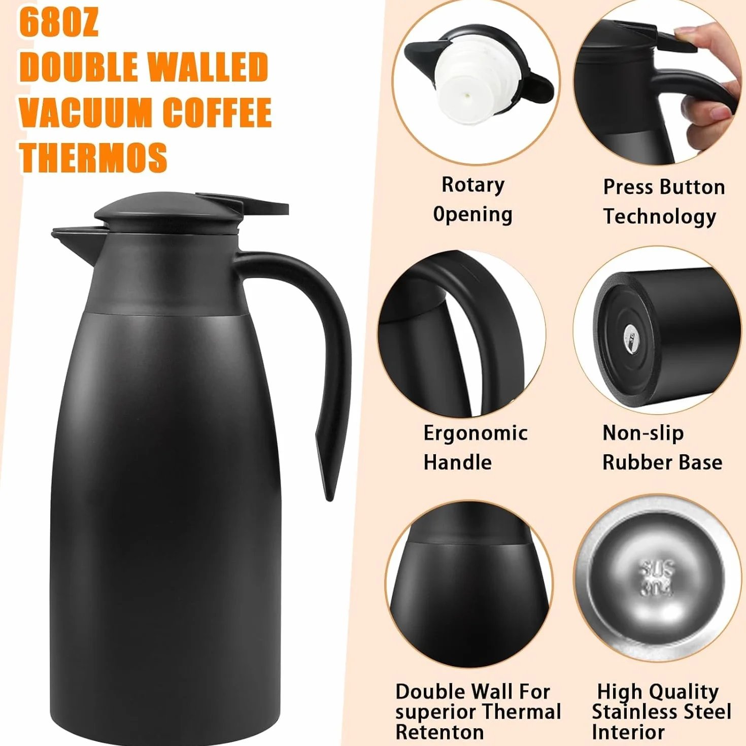 2 jarras térmicas de 2 litros, jarra térmica de acero inoxidable 304 aislada, 24 horas de aislamiento térmico, para café, té, agua, bebidas, termo (plata, negro)