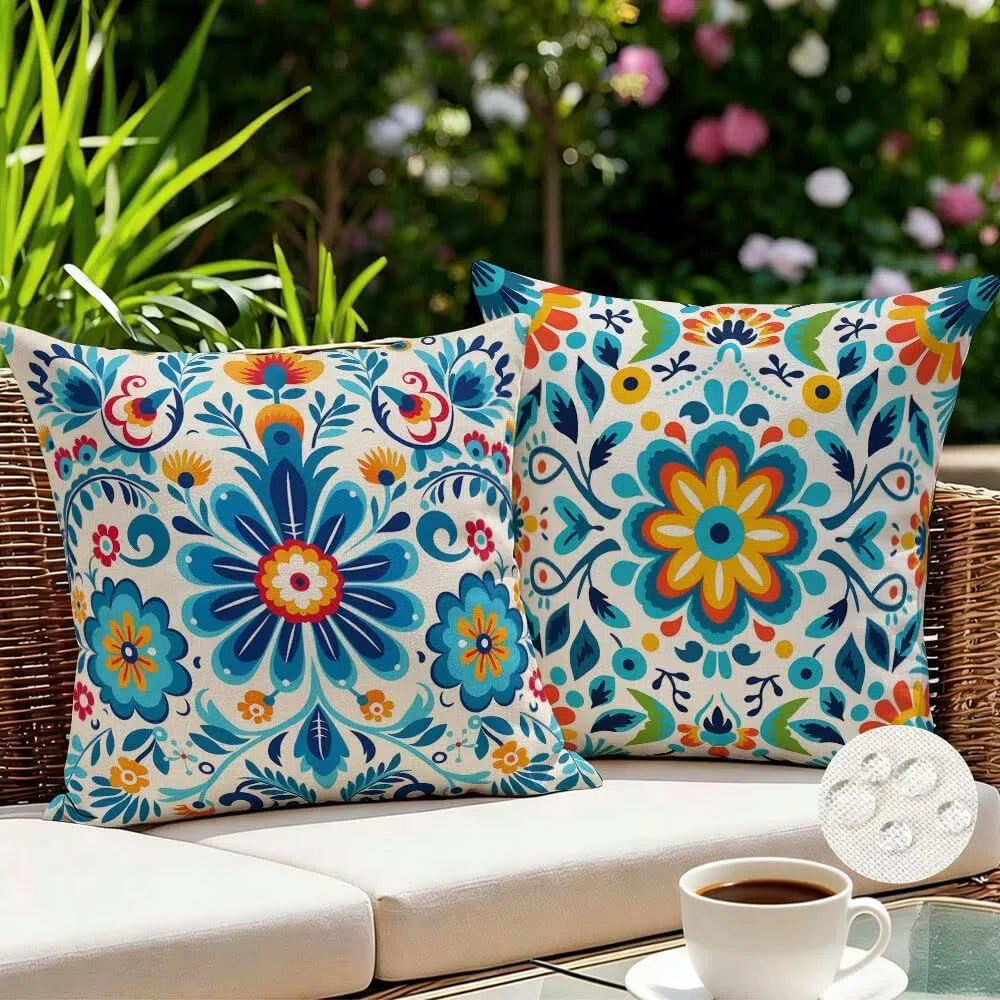 Fundas de Cojines Exterior Impermeable Funda Cojin 80x80 cm, Juego de 2 Fundas Cojines Multicolor Flores Funda Almohada Boho Decorativa para Jardin Terraza Salon, con Cremallera Invisible (IU277)