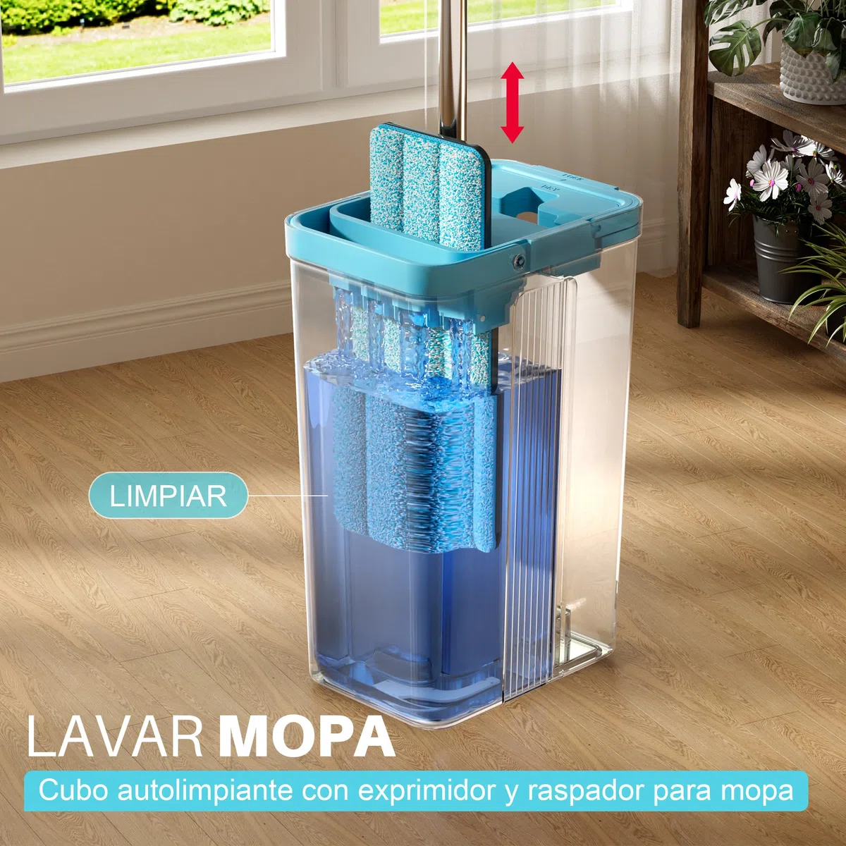 JOYMOOP Juego de fregona y Cubo con escurridor, fregonas para Limpieza de Suelos, Limpiador de fregona de Pared con Mango Largo, con 6 Almohadillas de Microfibra Reutilizables, Gris y Azul Cian