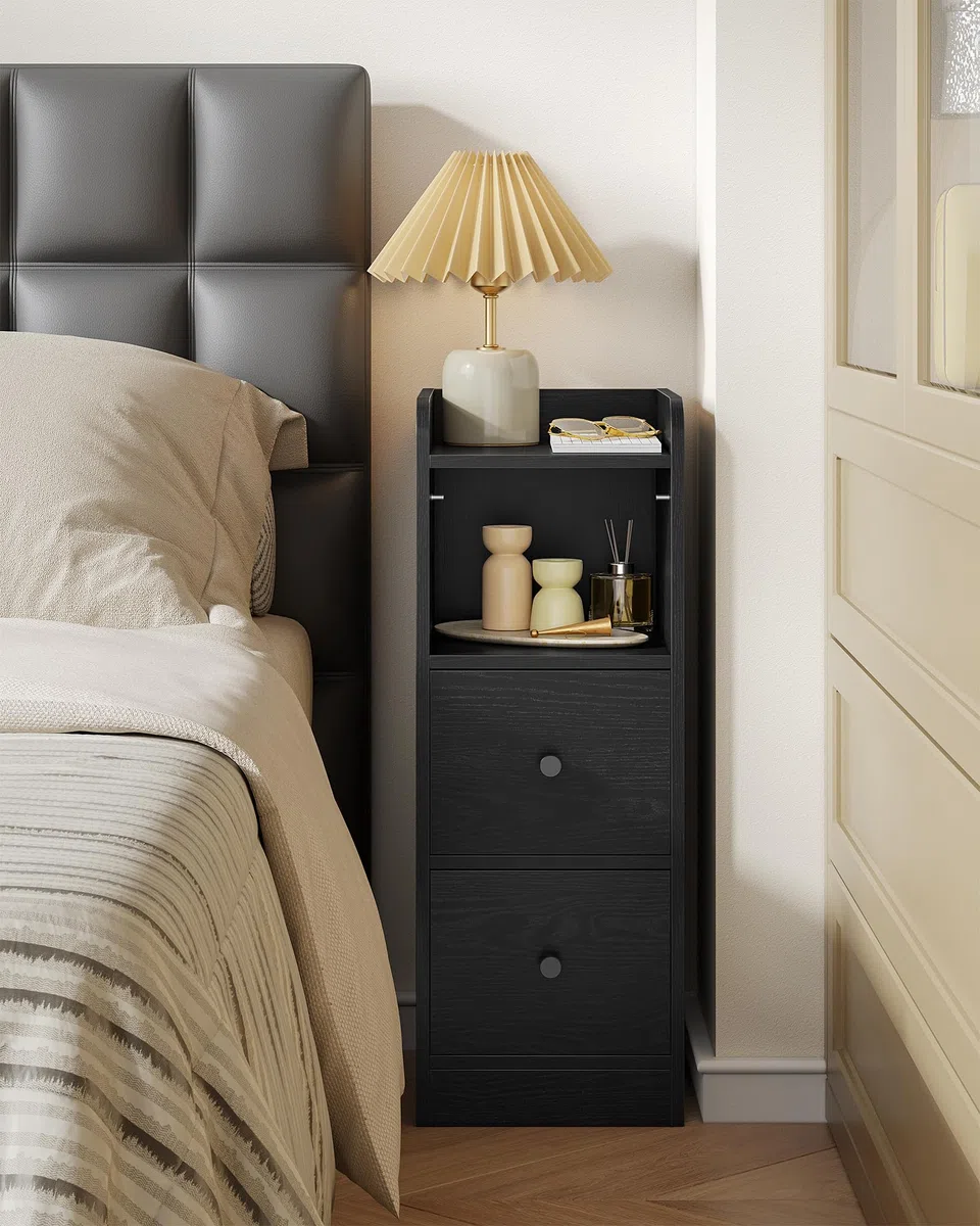 Hzuaneri Mesilla de Noche de 2, Mesas Auxiliares con 2 Cajones, Negro | Protector Superior, para Espacios reducidos, para Dormitorio, Salón, 30 x 24 x 65 cm, NS62204X