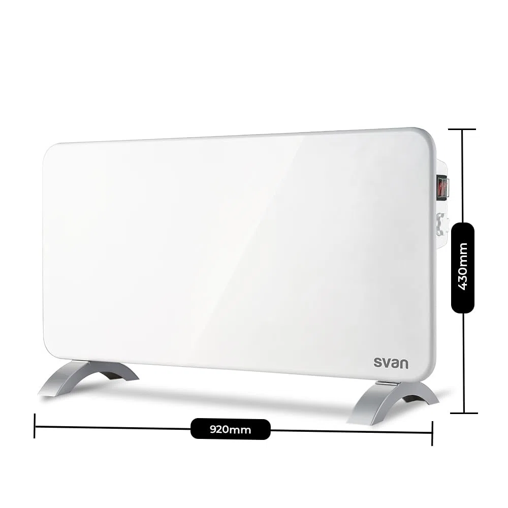 Svan Radiador Plano Eléctrico Bajo Consumo, 2 Niveles de Potencia, 2000 W, Termostato Mecánico, Protección Sobrecalentamiento, Soporte con Patas, Blanco