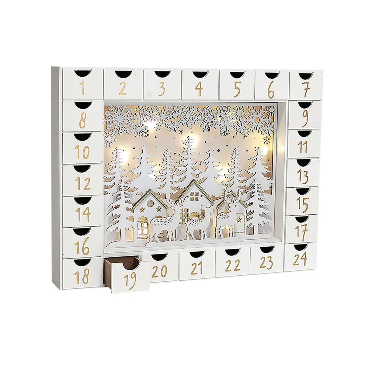 Calendario de Adviento de madera de polietileno con 24 cajones para llenar pequeños regalos, escena de Navidad con luces LED, cuenta regresiva para decoración de mesa de Navidad para adultos y niños,