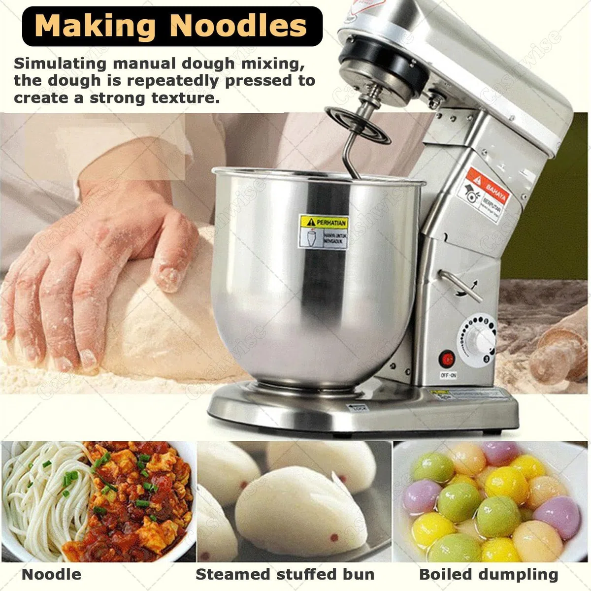 Batidora Industrial de Alimentos, batidora de pie de Gran Capacidad de 5/7/10 litros, con Gancho amasador + Gancho Mezclador + batidor de Huevos, para escuelas, panaderías StainlessSteel-5L