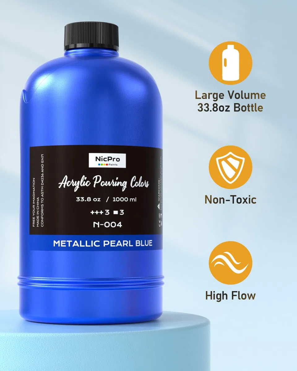 Nicpro Juego de pintura acrílica metálica grande de 8 colores (33.8 onzas, 1000 ml), kit de proveedor de pintura premezclada de alto flujo con aceite de silicona para verter guantes, manteles para