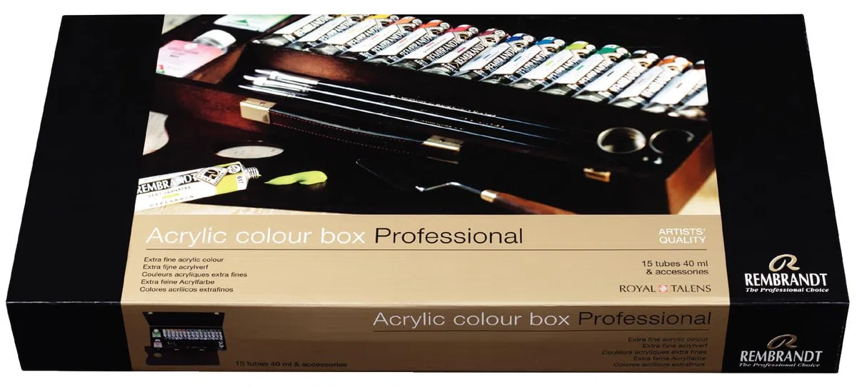 Rembrandt Estuche de pintura acrílica profesional caja de madera de lujo Profesional | 15 tubos (40 ml) + pinceles y accesorios
