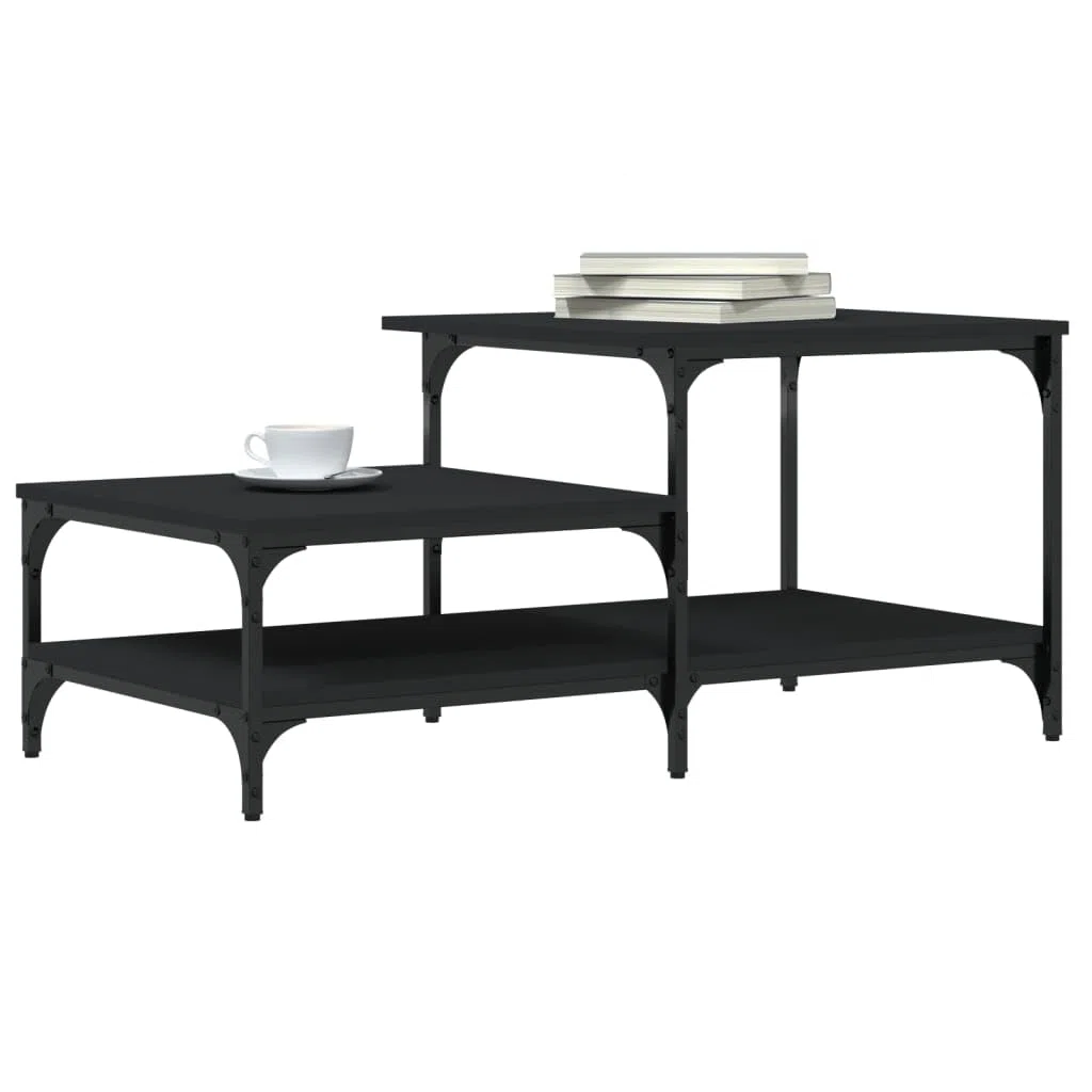 Mesa de centro negra 100 x 50,5 x 45 cm, moderna mesa de salón con 3 estantes y estructura de metal, mesa auxiliar de diseño industrial de madera, elegante mesa de sofá para salón