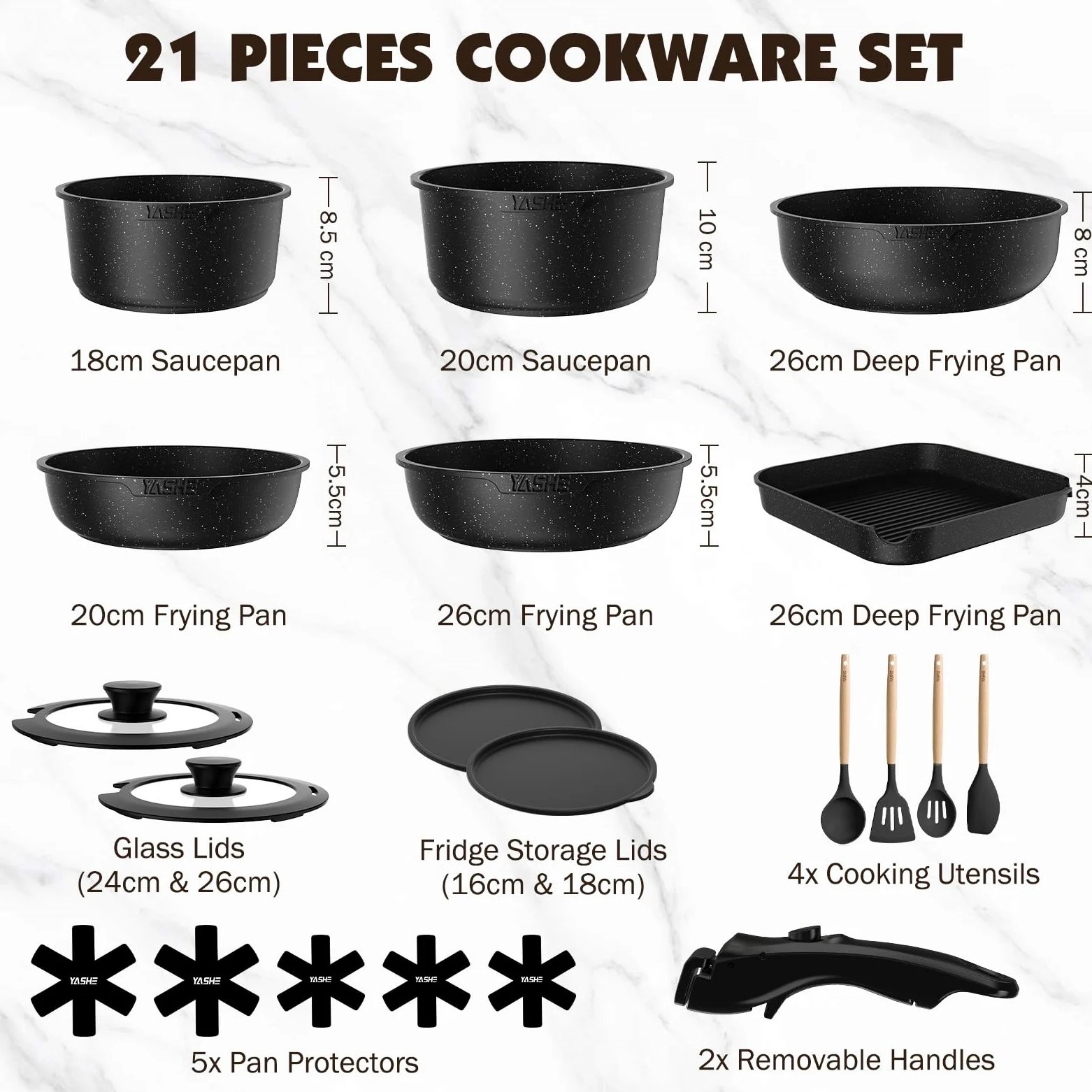 YASHE Batería de Cocina 21 Piezas, Antiadherente, con Mangos Desmontables y Tapas de Vidrio, Compatible con Inducción, Horno y Lavavajillas, Apilable, Gris