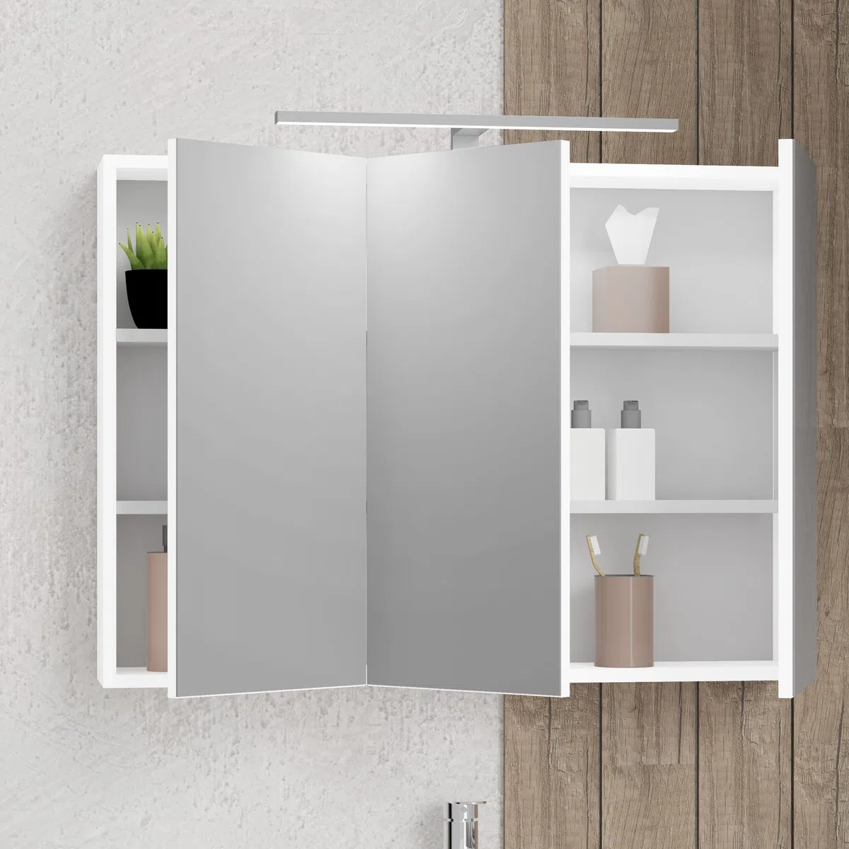 Baikal Mueble Camerino con Espejo, Armario Auxiliar de Baño Multiusos, Opción con o sin Luz LED. Mueble de Pared de fácil colocación. Armario MONTADO. Acabado Blanco. Camerino LED 90 cm